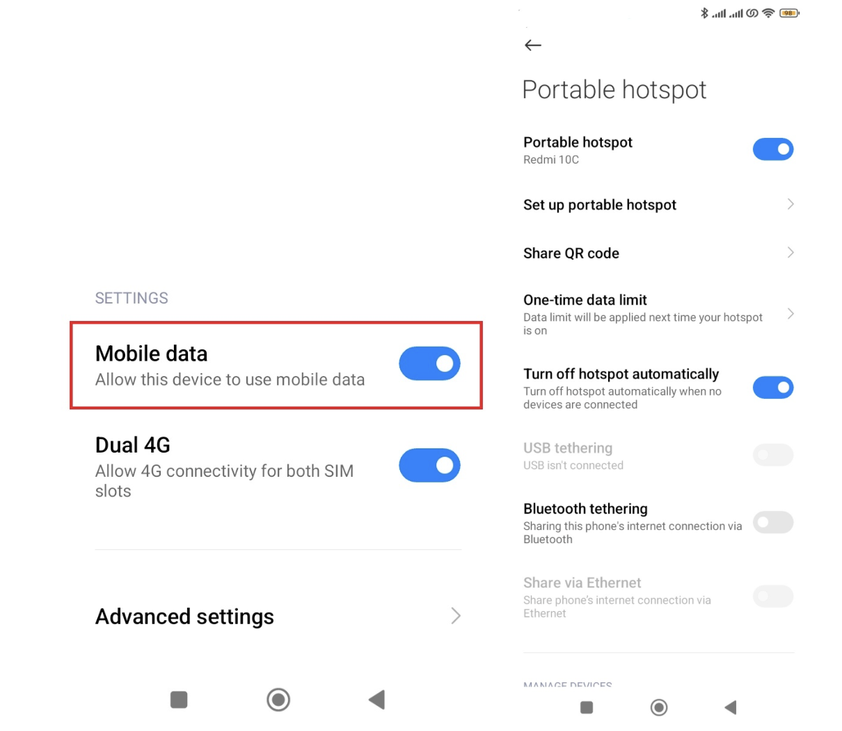 On your Android phone, go to Mobile data and toggle on Personal Hotspot